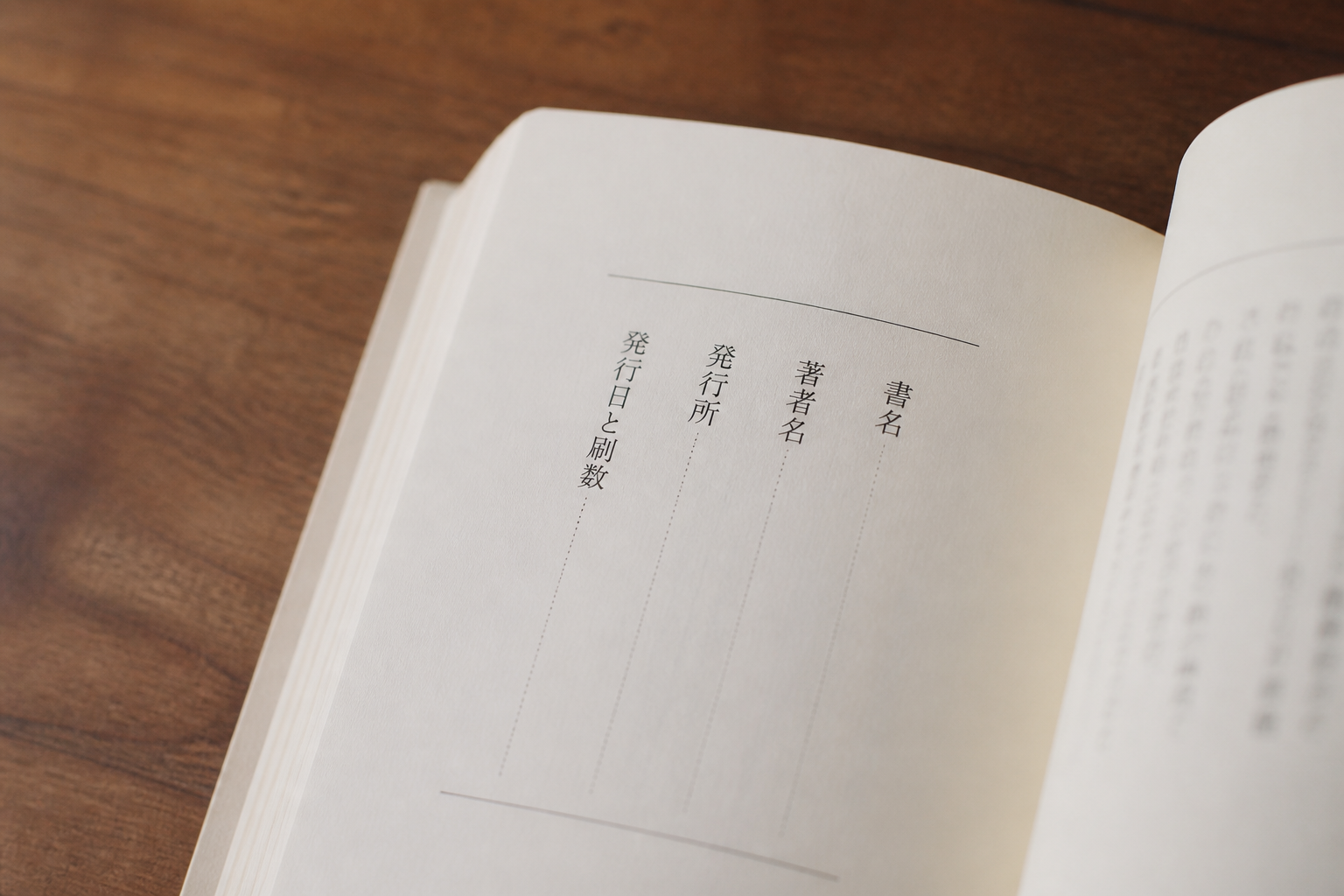 本の巻末に開かれた奥付の頁。書名、著者名、発行所、発行日と刷数の行が縦組みで並んでいる