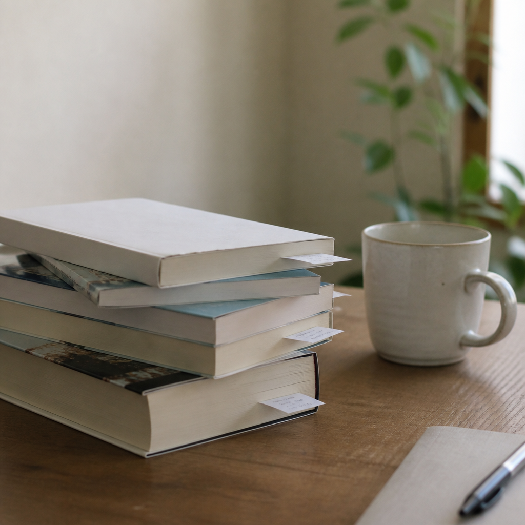 読み終えた本が数冊積まれ、それぞれに一行だけ書かれた紙片が挟まっている机の上