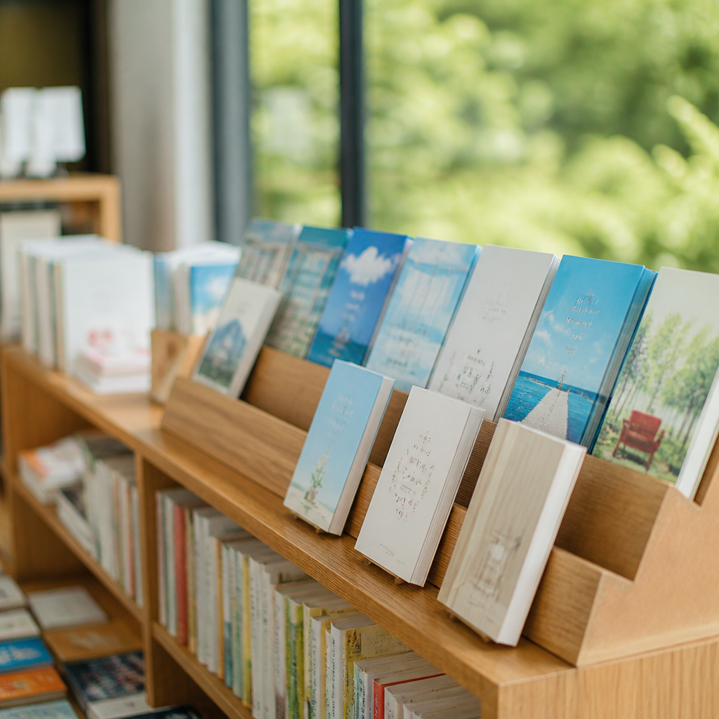 夏の文庫フェアの棚。専用の什器に文庫が面陳で並び、選書の小冊子が数冊立てかけてある