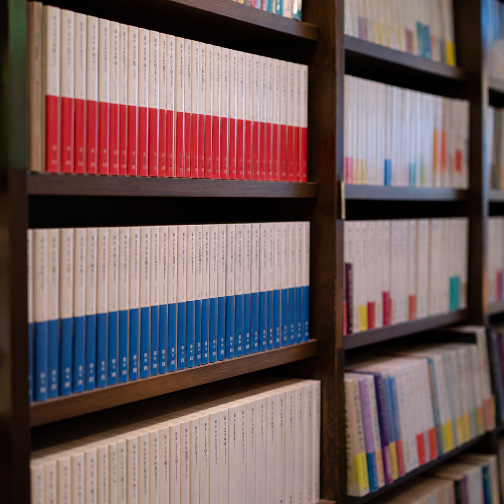 書店の新書の棚。レーベルごとに背表紙の色が揃い、赤、青、白の帯が縦の列をつくっている