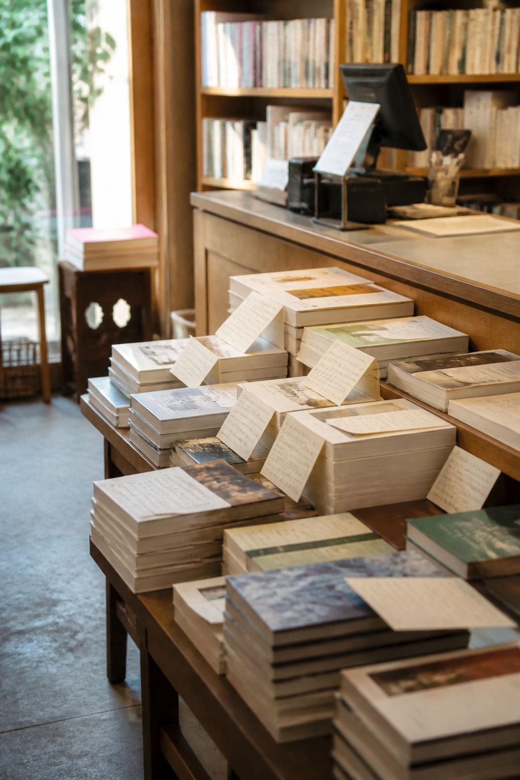夕方の書店のレジ前。新刊の平台に単行本と文庫が積まれ、手描きの推薦文を書いた紙が数冊に添えられている